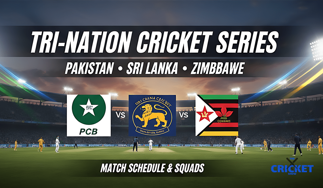 Cricket match poster for Pakistan, Sri Lanka, and Zimbabwe T20I Tri-Series 2025.