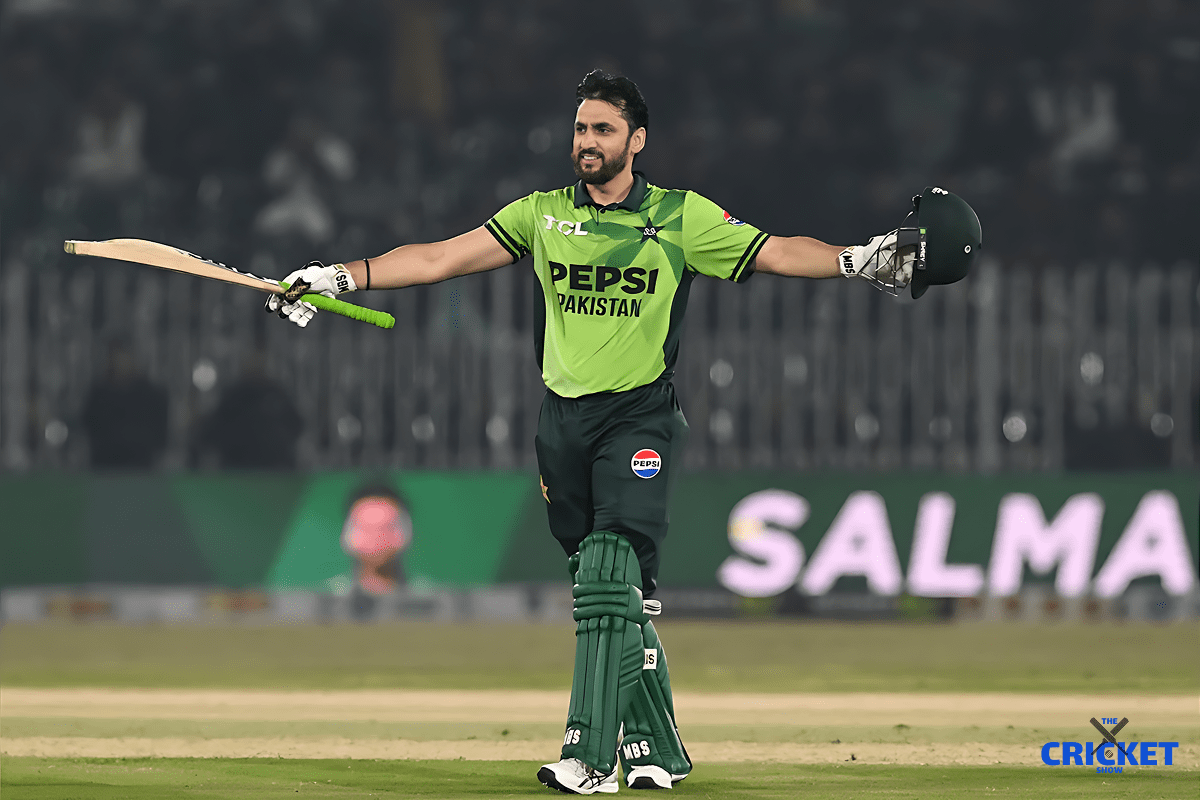 Cricket player celebrating on the field during a Pakistan vs Sri Lanka match.