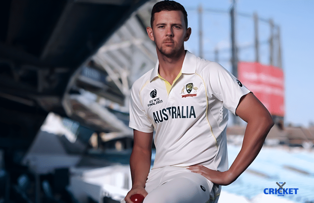 Cricket player in Australia team uniform, holding a ball, at a cricket ground.