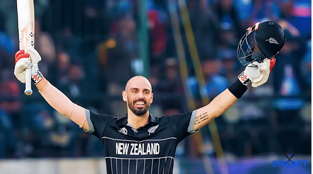 Daryl Mitchell from New Zealand celebrates after overtaking Rohit Sharma as top ODI batter.