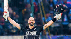 Daryl Mitchell from New Zealand celebrates after overtaking Rohit Sharma as top ODI batter.