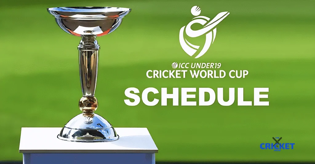 ICC Under-19 Cricket World Cup schedule with trophy on green background.