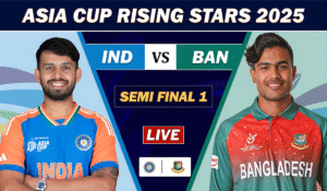 India and Bangladesh cricket players in semi-final match at Asia Cup Rising Stars 2025.