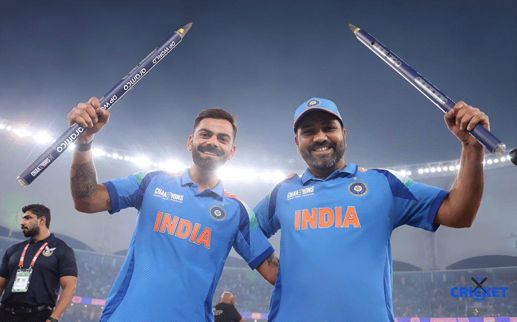 India cricket team celebrating after a match, holding bats and smiling.