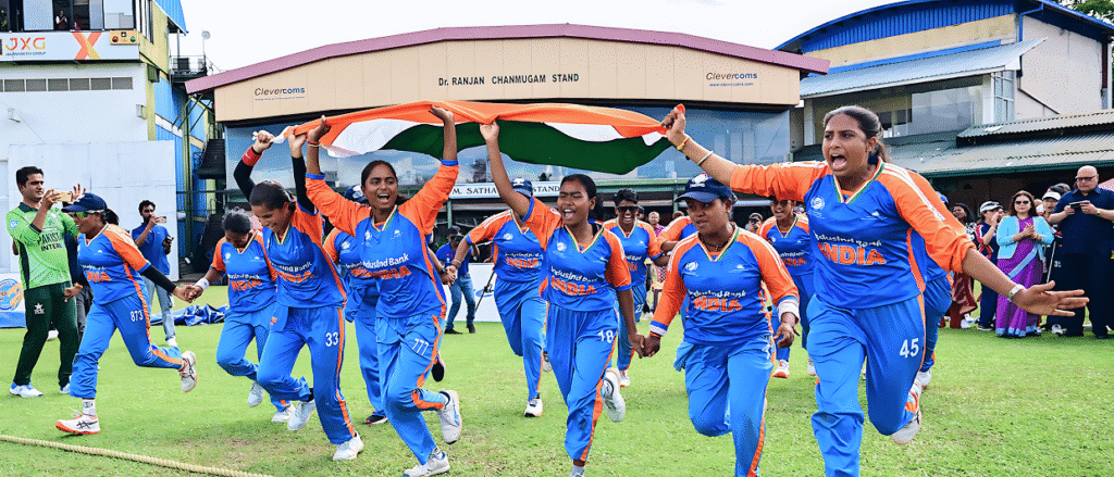 India women’s cricket team celebrating after winning the T20 World Cup.