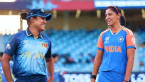 Indian and Sri Lankan women cricketers smiling before match at December 2025 showdown.