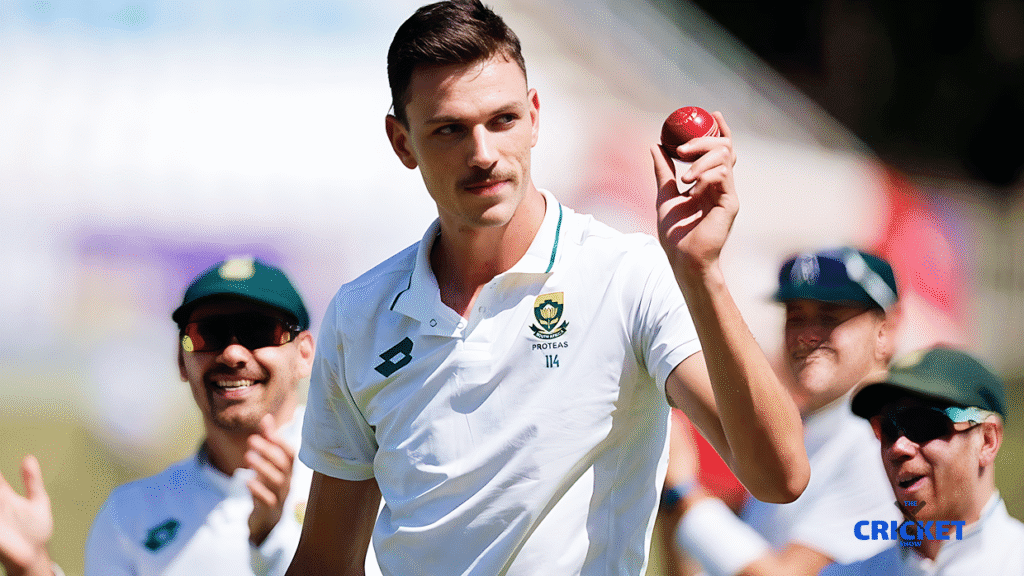Jansen celebrating after a fiery 6-wicket spell against India in cricket.