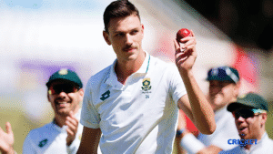 Jansen celebrating after a fiery 6-wicket spell against India in cricket.