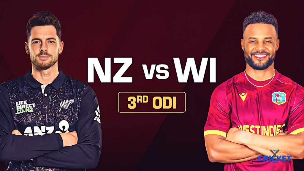 New Zealand and West Indies cricketers face off in ODI match during series.
