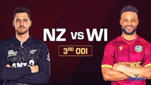 New Zealand and West Indies cricketers face off in ODI match during series.