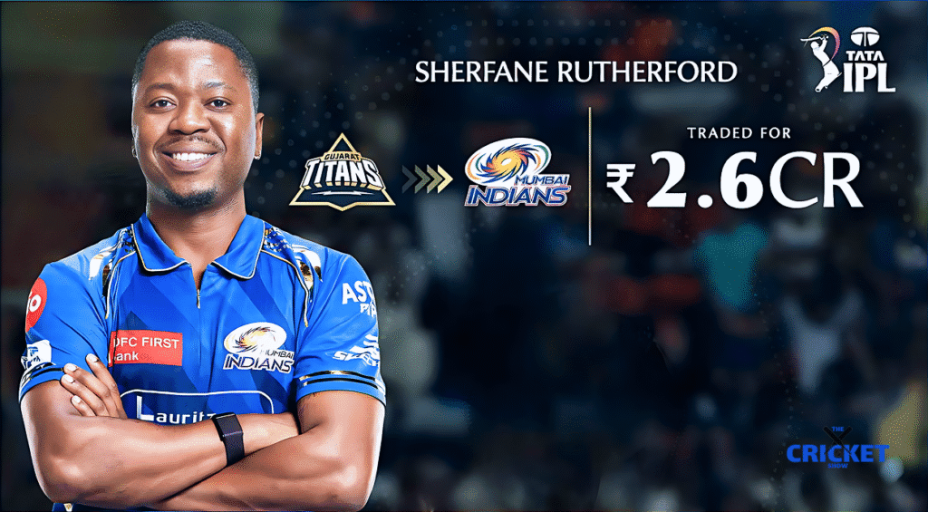Sherfane Rutherford in Mumbai Indians jersey after IPL 2026 trade deal.