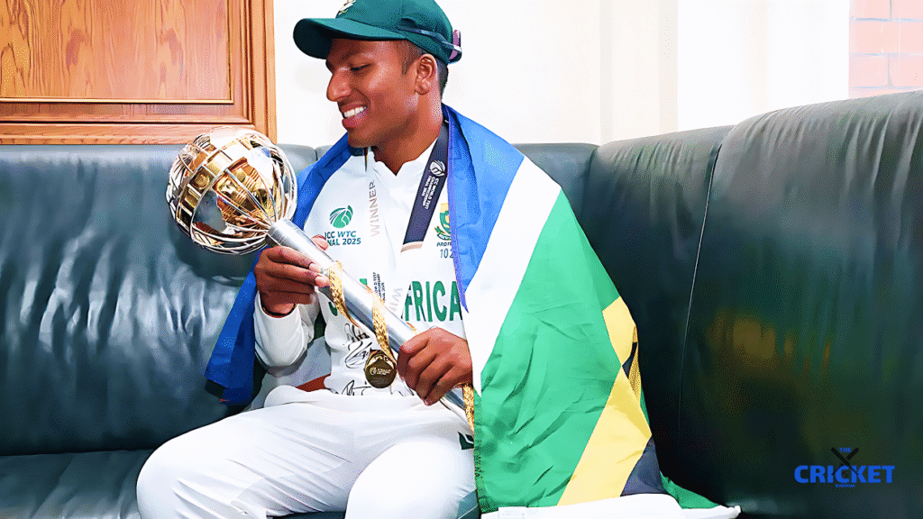 South African cricketer Muthusamy with trophy after his first Test century in India.