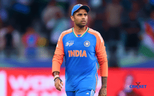 Suryakumar Yadav wearing Indian cricket team jersey during match.