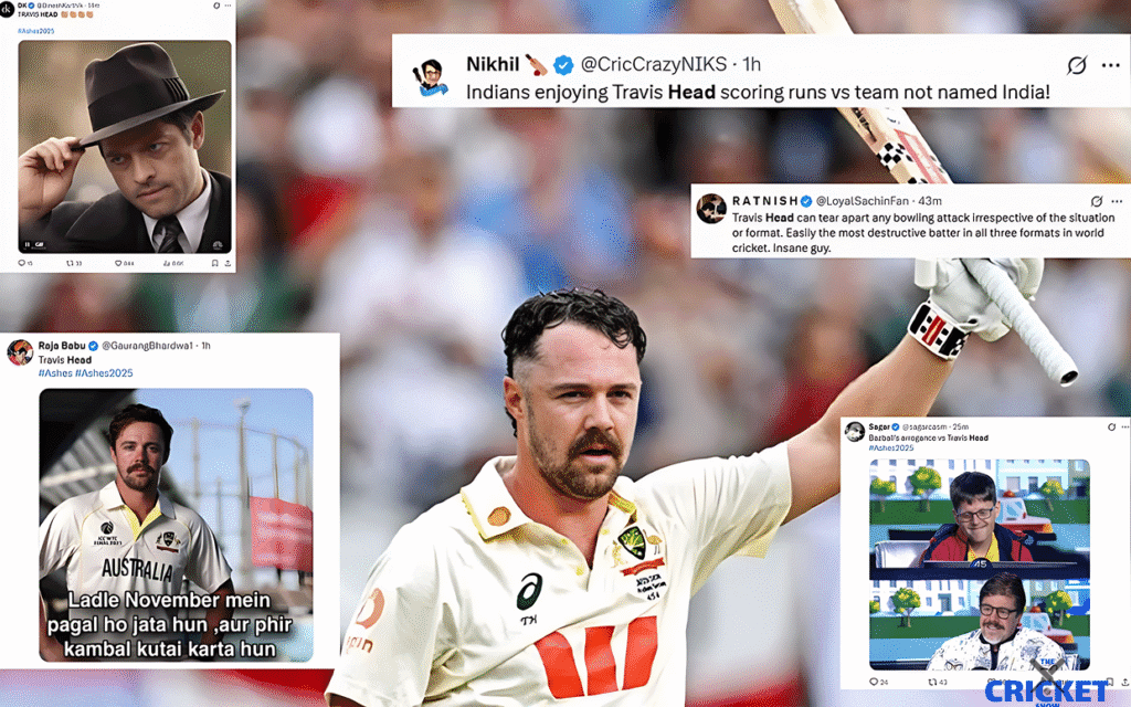 Travis Head celebrates his rapid 69-ball century during Ashes cricket match.