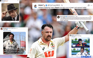 Travis Head celebrates his rapid 69-ball century during Ashes cricket match.