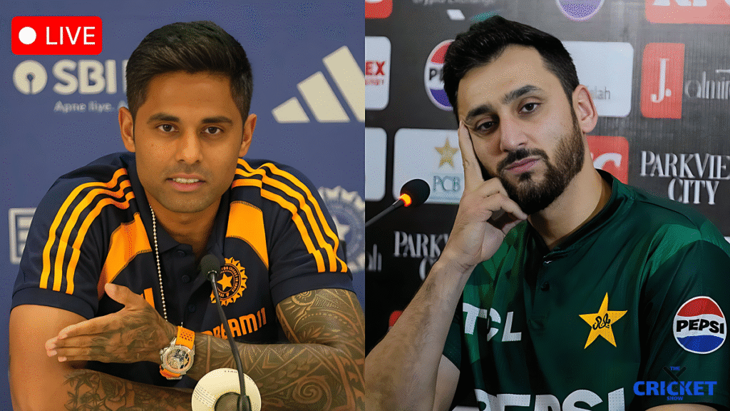 Two cricket players from India and Pakistan during a press conference ahead of the 2026 ICC T20 Worl.