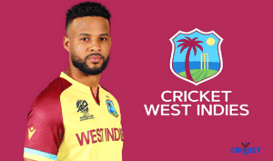 West Indies cricket player in team jersey with Cricket West Indies logo.