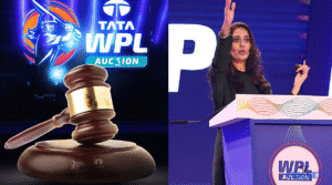WPL 2026 Mega Auction with key speakers and cricket visuals.