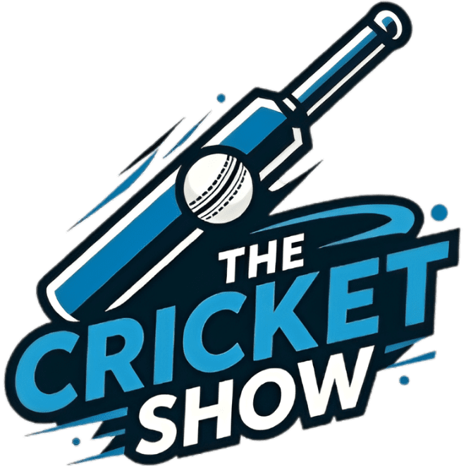 An illustration of a cricket bat with the logo for The Cricket Show.