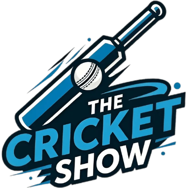 An illustration of a cricket bat with the logo for The Cricket Show.