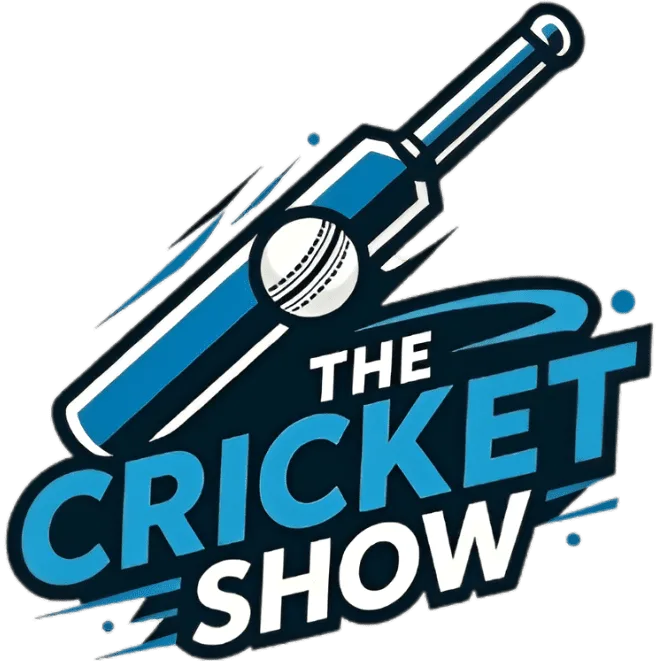 An illustration of a cricket bat with the logo for The Cricket Show.