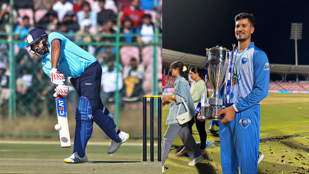 Cricket player in blue uniform celebrating after winning a match.