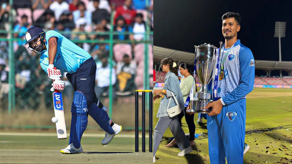 VHT 2025–26 Spotlight: Incredible Moment as Devendra Bora Dismisses Rohit Sharma for Golden Duck Cricket player in blue uniform celebrating after winning a match.