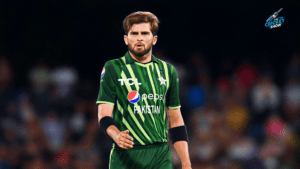 Shaheen Shah Afridi in Pakistan cricket team jersey during a match.
