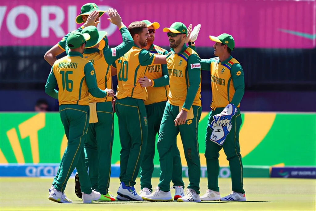 South Africa cricket players celebrating during ICC T20 World Cup match.
