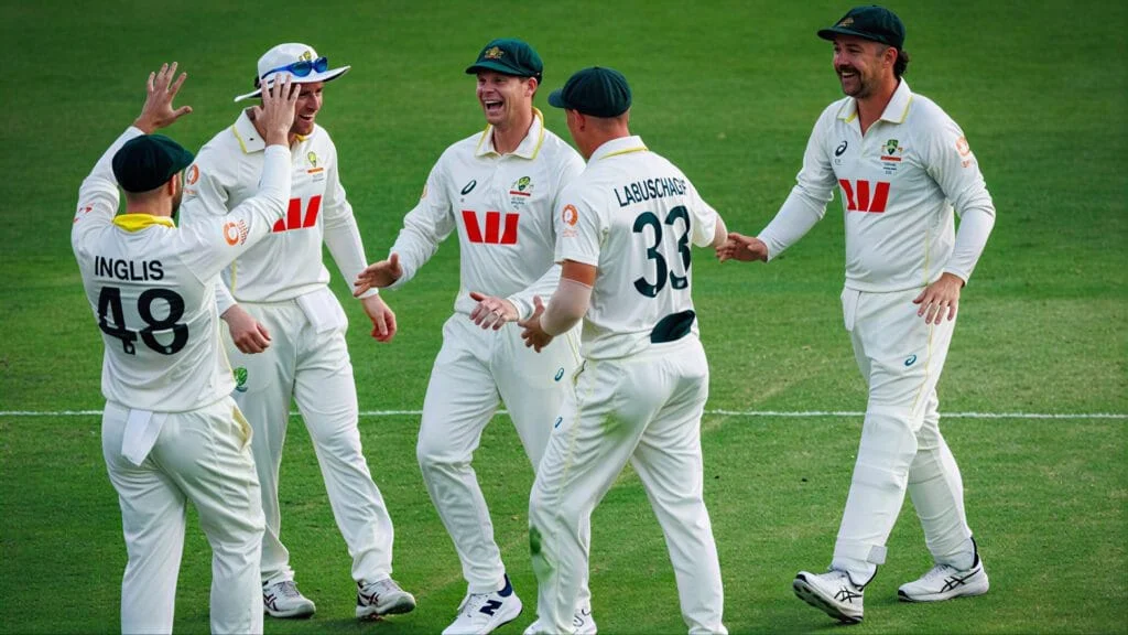 Australian cricket team celebrating after Ashes win during ICC WTC 2025–2027.