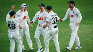 Australian cricket team celebrating after Ashes win during ICC WTC 2025–2027.