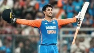 Abhishek Sharma celebrates after scoring during the T20I match for India.