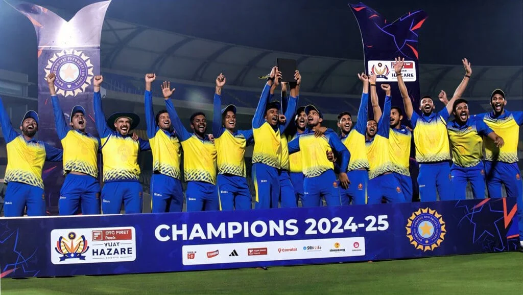 Vidarbha cricket team celebrating their first Vijay Hazare Trophy win 2025-26.