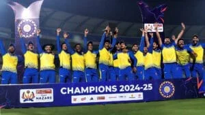 Vidarbha cricket team celebrating their first Vijay Hazare Trophy win 2025-26.