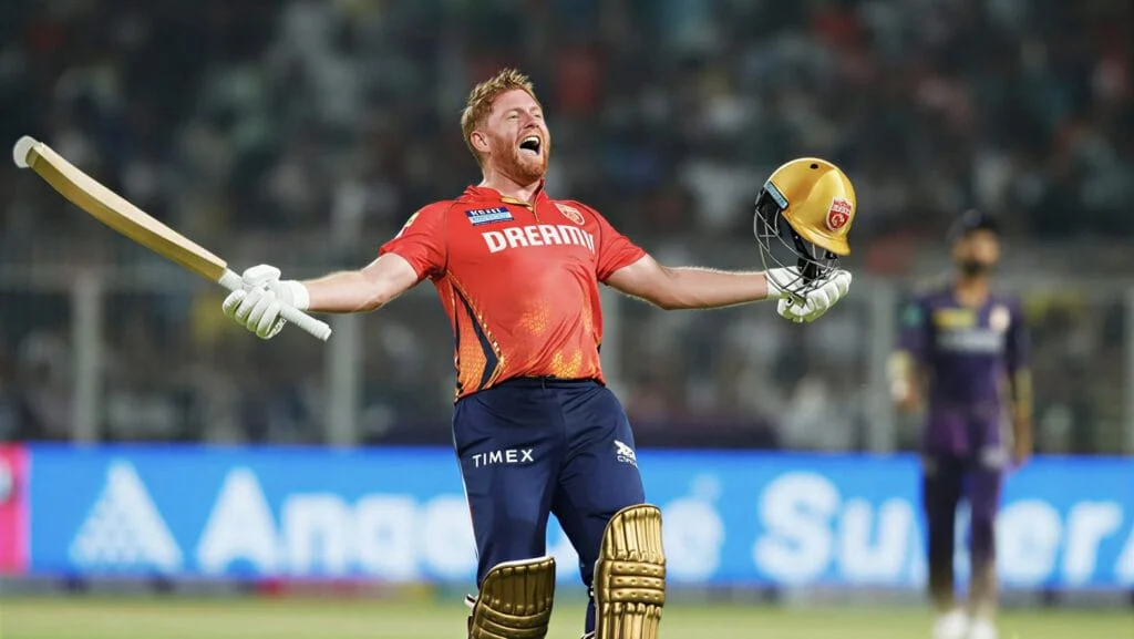 Jonny Bairstow celebrating his 34-run over that led to victory against Capitals.