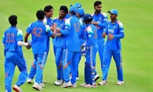 India U-19 cricket team celebrating after a successful match during the Youth ODI series.