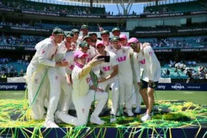 Australian cricket team celebrating Ashes victory at SCG after series win.