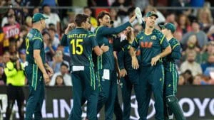 Australia cricket team celebrating during ICC Men’s T20 World Cup 2026 match.