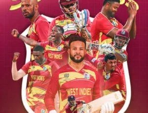 West Indies cricket players celebrating victory in Super Eights match.