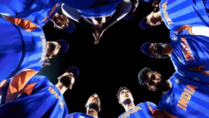 Indian cricket players in blue jerseys celebrating a 72-run win at Chepauk.