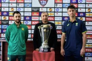 Pakistani cricket players celebrate after winning the series against Australia.