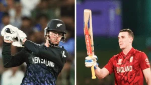 Cricket players from New Zealand and England celebrating after a match.