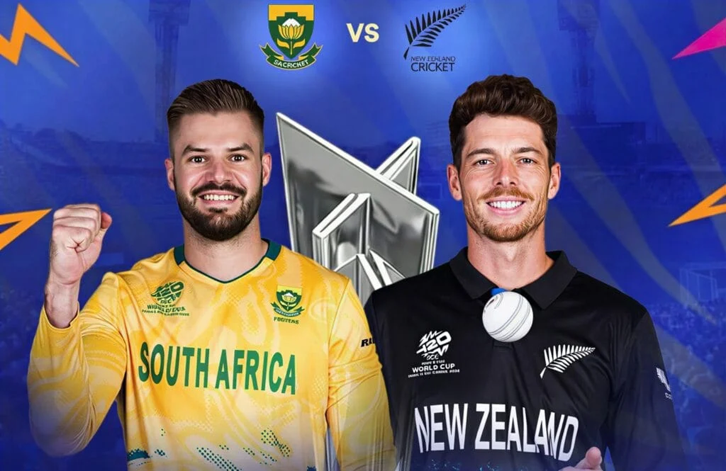 South Africa vs New Zealand Semi Final Highlights – T20 World Cup 2026 South Africa and New Zealand cricket players celebrating semi-final victory.