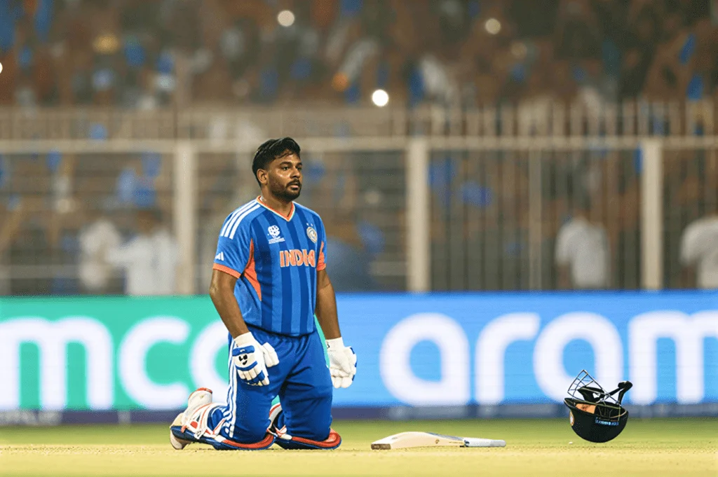 Samson kneeling on the cricket field after a powerful 97* score, helping India advance to the T20 Wo.