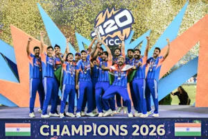India cricket team celebrating their T20 World Cup 2026 victory with players Samson and Bumrah.